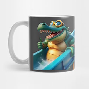 An alligator with a giant swim cap and goggles riding a waterslide Mug